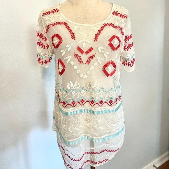 Sundance, Sheer Embroidered Boho Tunic Blouse Southwestern Folk Art Top Size Sm - Picture 8 of 11